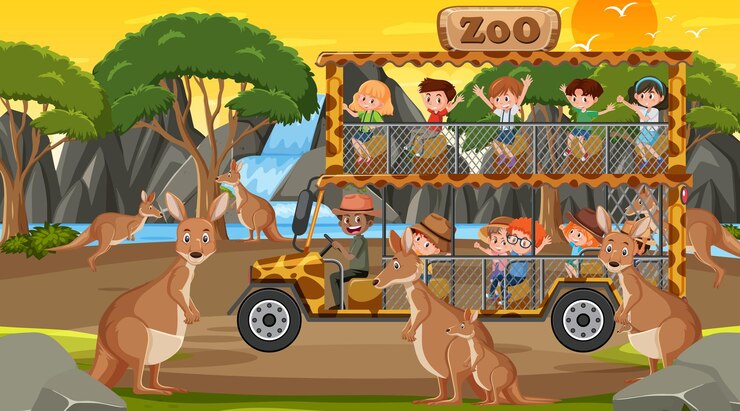 Safari o zachodzie słońca z dziećmi oglądającymi grupę kangurów