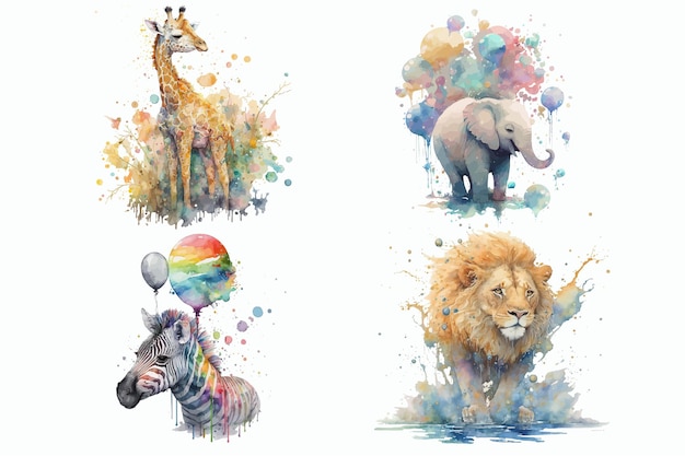 Safari zestaw zwierząt żyrafa słoń lew zebra w stylu przypominającym akwarele ilustracja na białym tle wektor