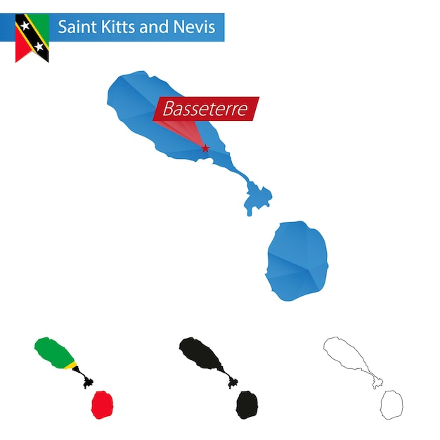 Saint Kitts I Nevis Niebieska Mapa Low Poly Ze Stolicą Basseterre