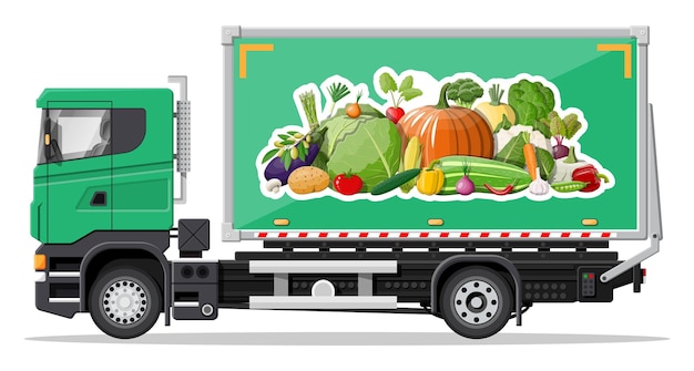 Plik wektorowy samochód ciężarowy pełen produktów warzywnych sklep i gospodarstwo dostarczające usługi świeże warzywa dostawa i sprzedaż koncepcji żywności naturalnej wegańskiej farmy ładunek i logistyka ilustracja kreskówka płaski wektor