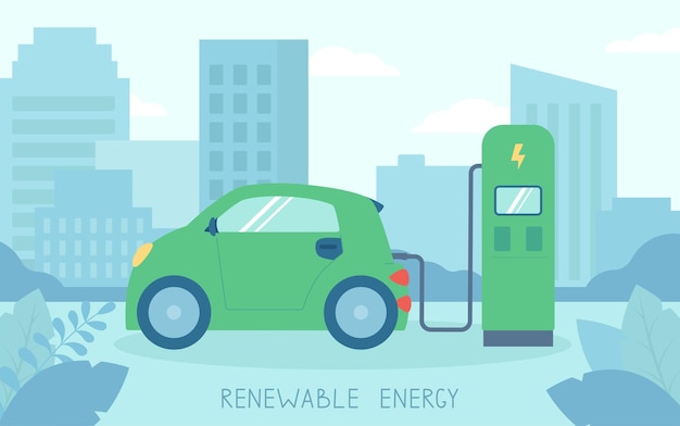 Plik wektorowy samochód elektryczny na stacji ładowania, pojęcie ekologii, zielonej energii.