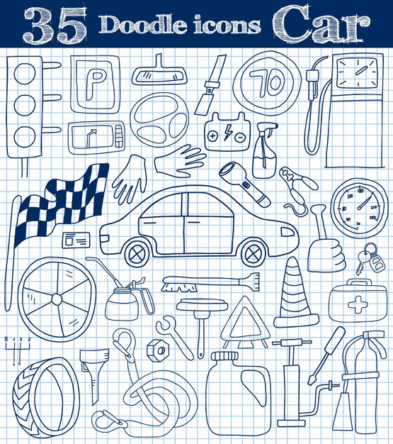 Plik wektorowy samochód i napęd zestaw 35 ikon doodle w niebieskich kolorach na notebooku ilustracja wektorowa