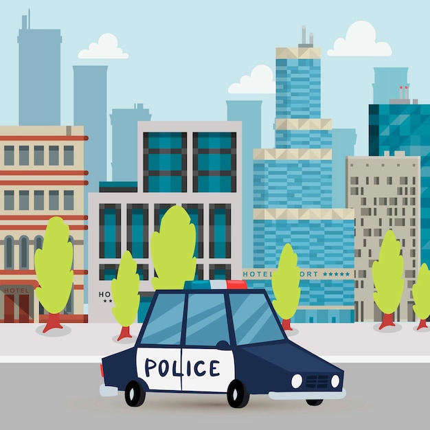 Plik wektorowy samochód policyjny i patrol policyjny na drodze w mieście z miastową tło kreskówki illlustration.