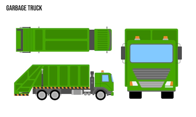 Samochód śmieciowy Ilustracja Konstrukcji Płaskiej Pojazdy Publiczne Widok Z Góry Widok Boczny Widok Z Przodu Izolowany Białym Tłem