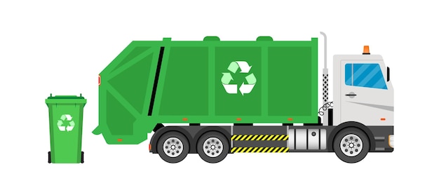 Plik wektorowy samochód śmieciowy z ładowarką czołową zbieranie i transport ciał stałych dla gospodarstw domowych i handlowych