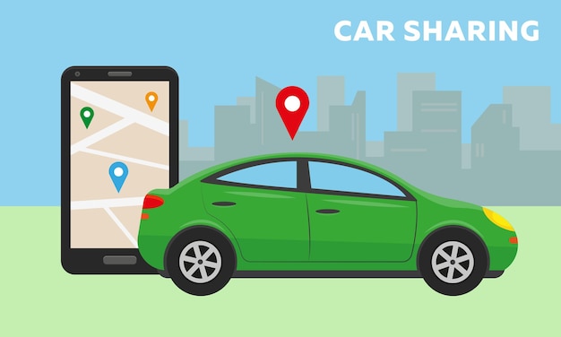 samochód w mieście i duży smartfon z aplikacją carsharing na ekranie