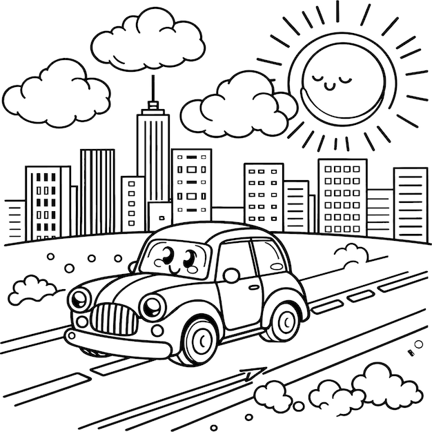 Plik wektorowy samochód w mieście są budynki chmury i słońce na drodze kolorowanie dla dzieci