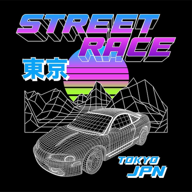 Plik wektorowy samochód wyścigowy uliczny tokio japonia ilustracja szkieletowa samochodu wyścigowego tokio tłumaczenie tekstu na język japoński