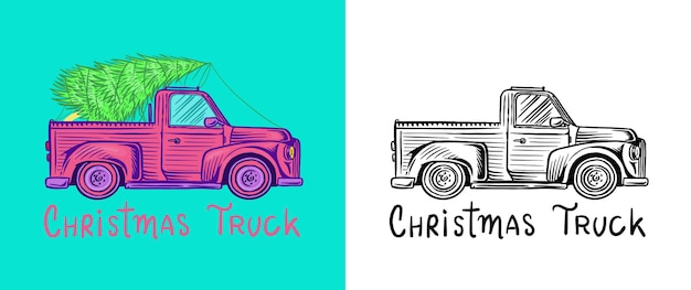 Samochód Z Choinką świerkową W Bagażu Ilustracji Wektorowych Koncepcja Dostawy Ciężarówki