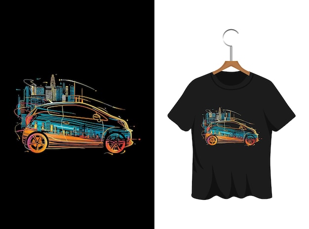 Plik wektorowy samochód z ilustracją miasta dla koszulek