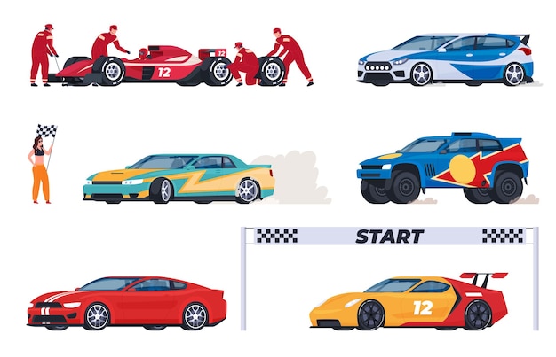 Samochody sportowe do zawodów Transport do szybkiej jazdy w wyścigach Sporty ekstremalne na samochodzie Ilustracja wektora