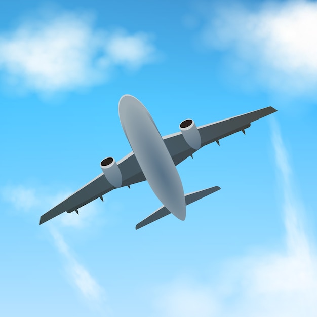 Plik wektorowy samolot leci wysoko w chmurach, widok z dołu. realistyczny samolot i chmury.