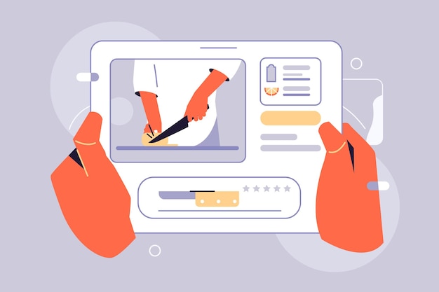 samouczek gotowania online na ilustracji internetowej. człowiek ogląda kurs gotowania online.