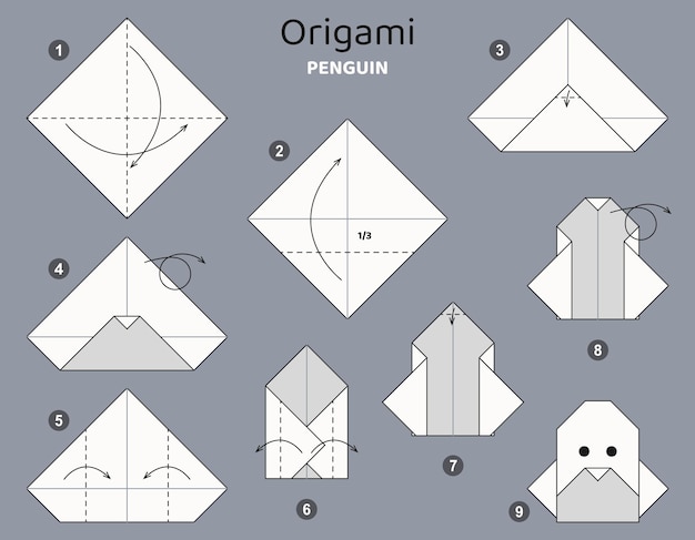 Samouczek schemat origami pingwina. pojedyncze elementy origami na szarym tle. Origami dla dzieci.