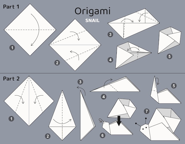 Samouczek Schemat Origami ślimaka. Pojedyncze Elementy Origami Na Szarym Tle. Origami Dla Dzieci.