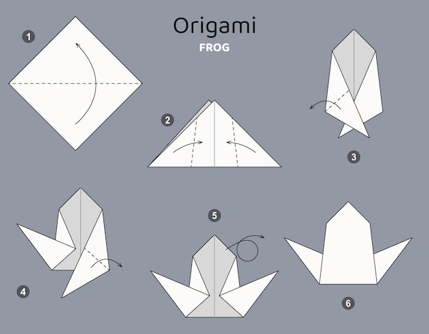 Samouczek Schemat origami Żaba. pojedyncze elementy origami na szarym tle. Origami dla dzieci.