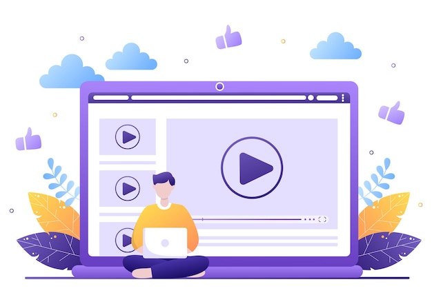 Samouczki wideo tło wektor ilustracja. Oglądanie i przesyłanie strumieniowe online na komputerze Informacje o edukacji, wiedzy na temat banerów internetowych, broszur, plakatów lub okładek książek