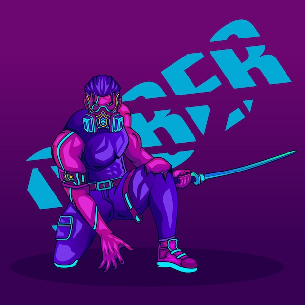 Samuraj Cyborg W Stylu Cyberpunk Ilustracja Postaci Z Kreskówek