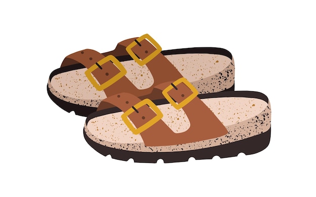 Sandały damskie. Letnie buty bez pleców z paskami, szpilką i wygodną zamszową wkładką. Ilustracja kolorowy płaski wektor obuwia modne moda na białym tle.