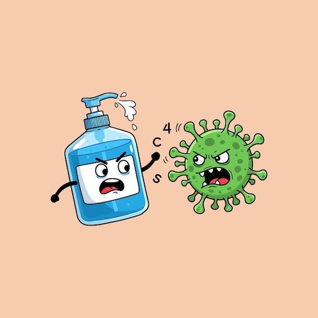Sanitizer do rąk zwalcza wirusa - kreskówkowa walka o czystość