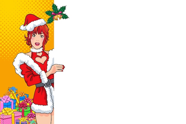 Santa Kobieta I Pudełko Na Prezenty Trzymające Białe Puste Miejsce Na Tekst W Stylu Komiksów Pop-art