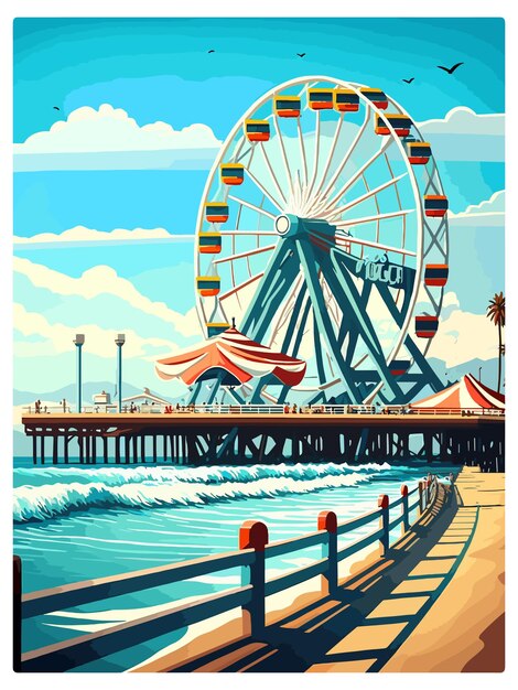 Plik wektorowy santa monica kalifornia vintage plakat podróżniczy pamiątkowa pocztówka portret malarstwo wpa ilustracja