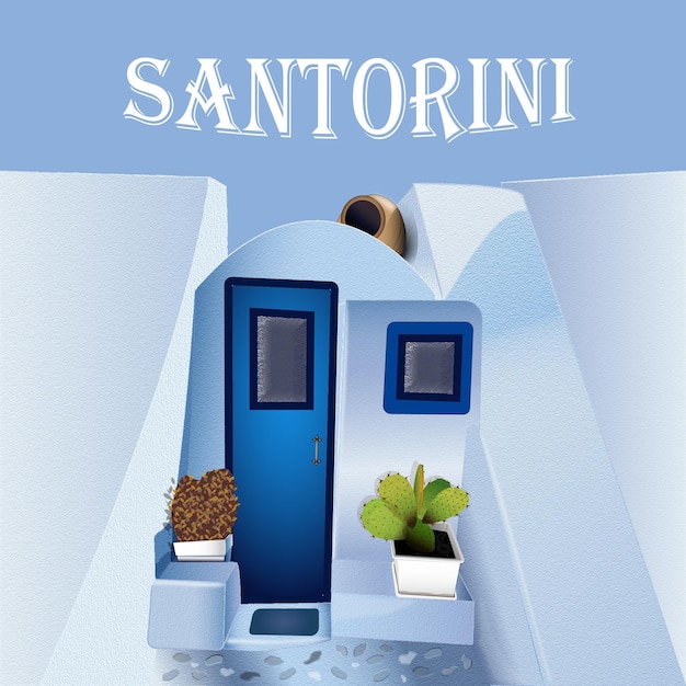 Santorini Grecja Ilustracja. Tradycyjne Greckie Białe Domy.