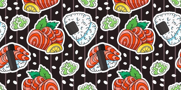 Sashimi Onigiri Ryż Nigiri Wektor Wzór W Stylu Ręcznie Rysowane Doodles