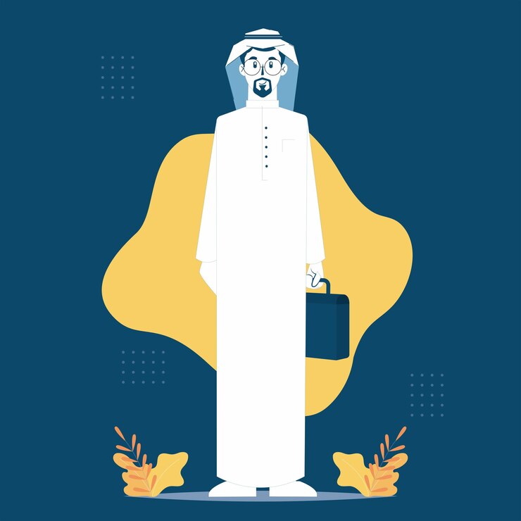 Wektor saud charakter arabskiego biznesmena z zatoki perskiej saudyjczyk lub kuwejcki noszący tradycyjny arabski strój