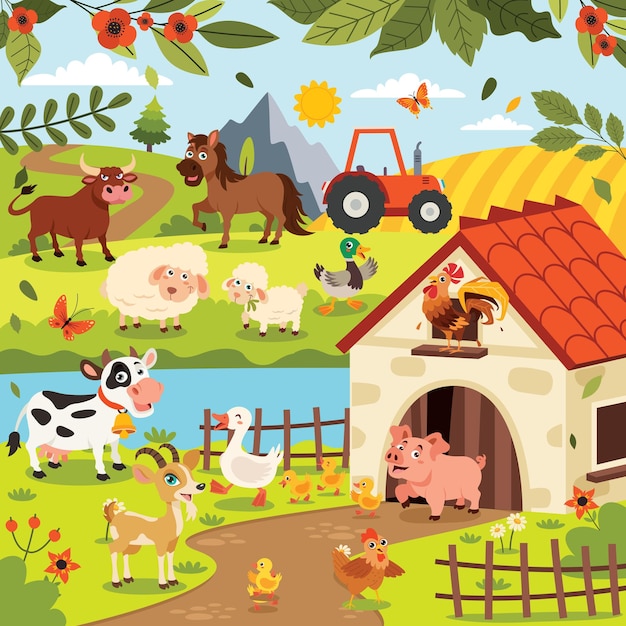 Plik wektorowy scena farmy ze zwierzętami z kreskówek