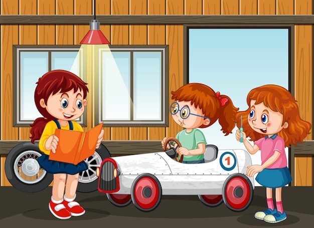 Scena Garażowa Z Dziećmi Naprawiającymi Razem Samochód