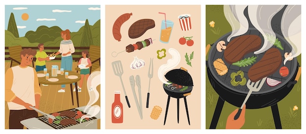 Scena imprezy barbecue z szczęśliwymi ludźmi gotującymi mięso na świeżym powietrzu