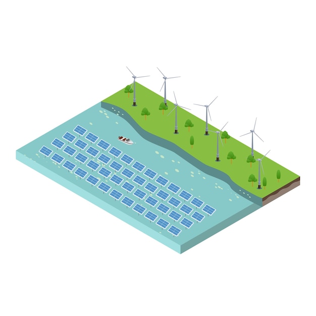 Scena izometryczna turbin wiatrowych wytwarzających energię elektryczną i panele fotowoltaiczne w oceanie rzecznym