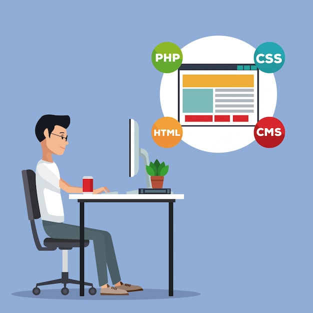 Scena kolorów tła widok z boku web developer człowiek w języku programowania biurko wokół okna komputera