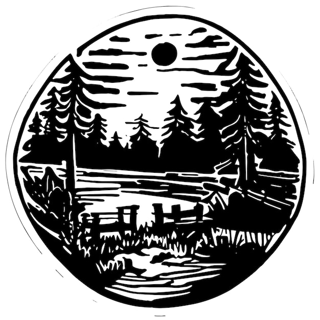 Plik wektorowy scena lasu z rzeką i wieloma drzewami ręcznie narysowana ikona naklejki kreskówki ilustracja koncepcyjna