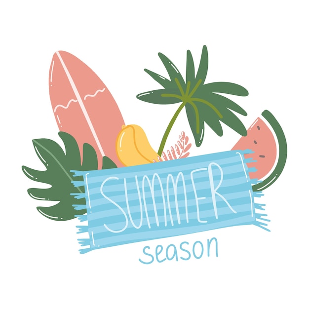 Plik wektorowy scena letnich wakacji tropikalna palma i tropikalne obiekty plażowe sezon letni