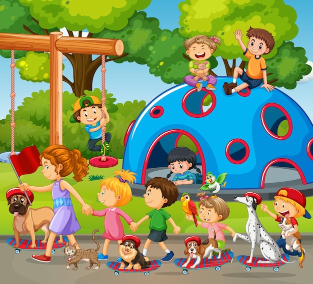 Plik wektorowy scena na placu zabaw z dziećmi bawiącymi się psami
