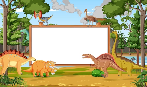 Scena Przyrody Z Drzewami W Górach Z Tablicą Szyldową I Dinozaurami