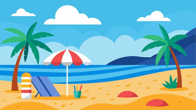 Scena relaksu na plaży z palmami i parasolem