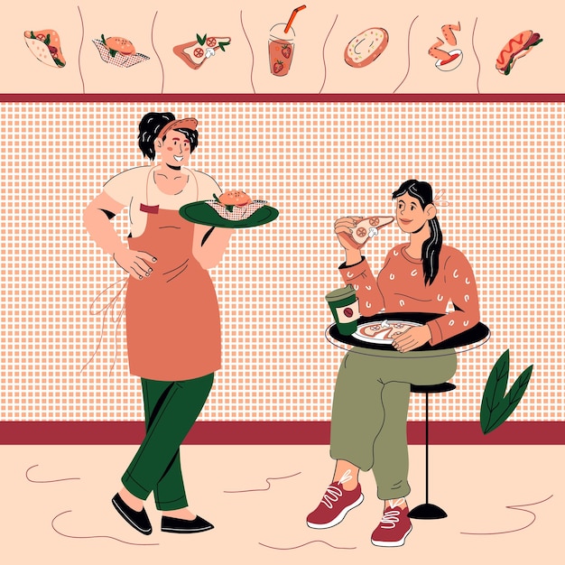 Scena restauracji lub kawiarni z postaciami kelnerki i płaskiego wektora klienta