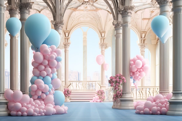 Plik wektorowy scena ścienna z balonami łukowymi prezentuje pudełko podium chmury 3d renderowanie wnętrza platforma dla profesjonalistów