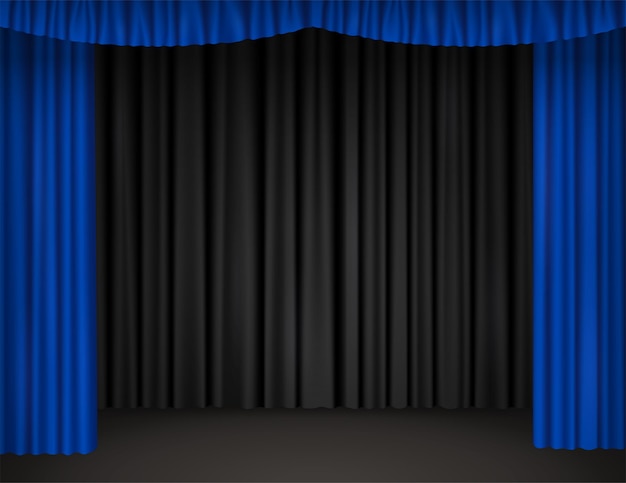 Plik wektorowy scena teatralna z otwartymi niebieskimi zasłonami i czarnymi zasłonami na tle. realistyczna ilustracja wektorowa pustej sceny teatru, opery, kina lub cyrku z aksamitną draperią