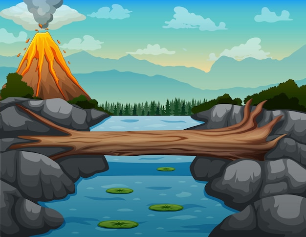 Scena tła z ilustracją erupcji rzeki i wulkanu