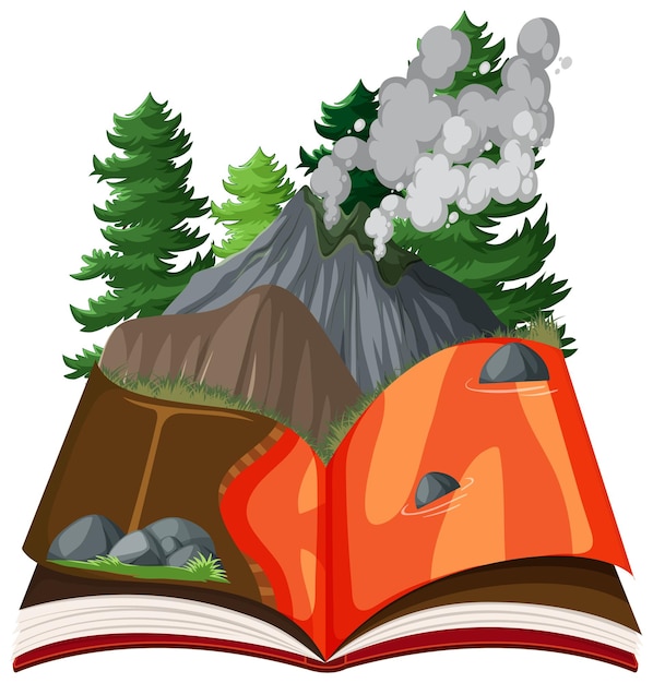 Scena w książce z wulkanem w lesie