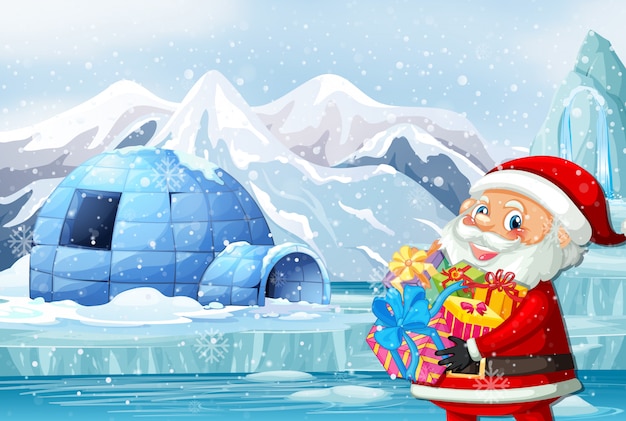 Plik wektorowy scena z mikołajem i prezentami w biegunie północnym