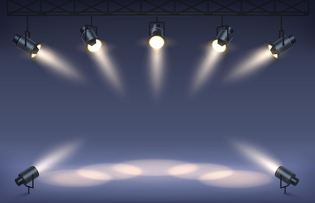 Plik wektorowy scena z projektorami scenicznym studio podium z punktowymi świecącymi oświetleniem sceny i tłem wektora wiązki światła