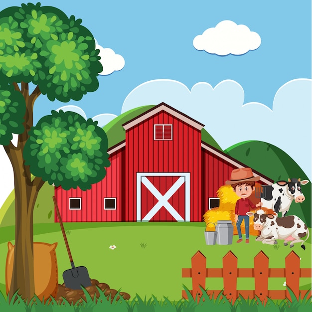 Plik wektorowy scena z rolnikiem i krowami przy stodole