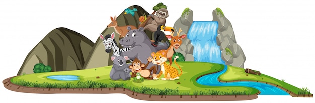 Scena Z Wieloma Dzikimi Zwierzętami Przy Wodospadzie