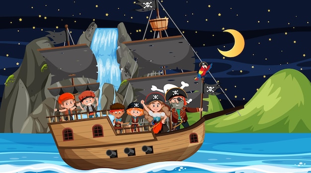 Plik wektorowy scena z wyspą skarbów w nocy z piratami na statku