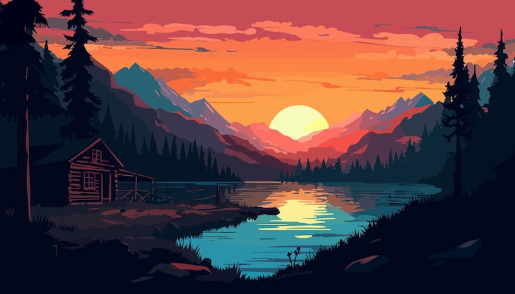 Wektor scena zachodu słońca w górach z jeziorem i starą drewnianą kabiną ilustracji wektorowych